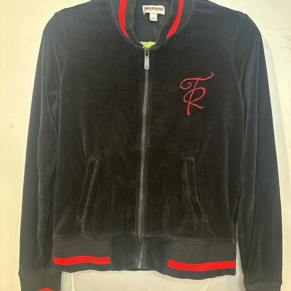 True Religon Velour Velvet Bomber Jacket Black & red zip-up jacket SMALL - Picture 2 of 8